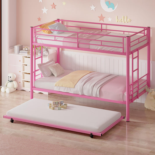 VECELO Twin Over Twin Bunk Bed with Trundle, Metal Bunkbeds with Ladder and Full-Length Guardrail, Noise Free, No Box Spring Needed, Pink