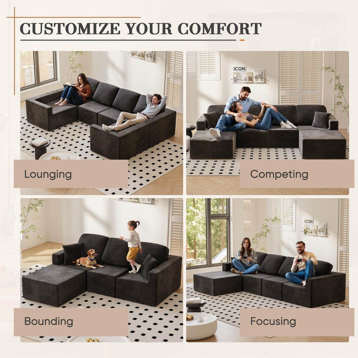 Shahoo 126" Modular Sectional Sofa, Cloud Couches for Living Room, Upholstered Boneless Couch with Ottoman, Upholstered Cloud Sofa for Bedroom (Black, U Shaped Sofa) Shahoo