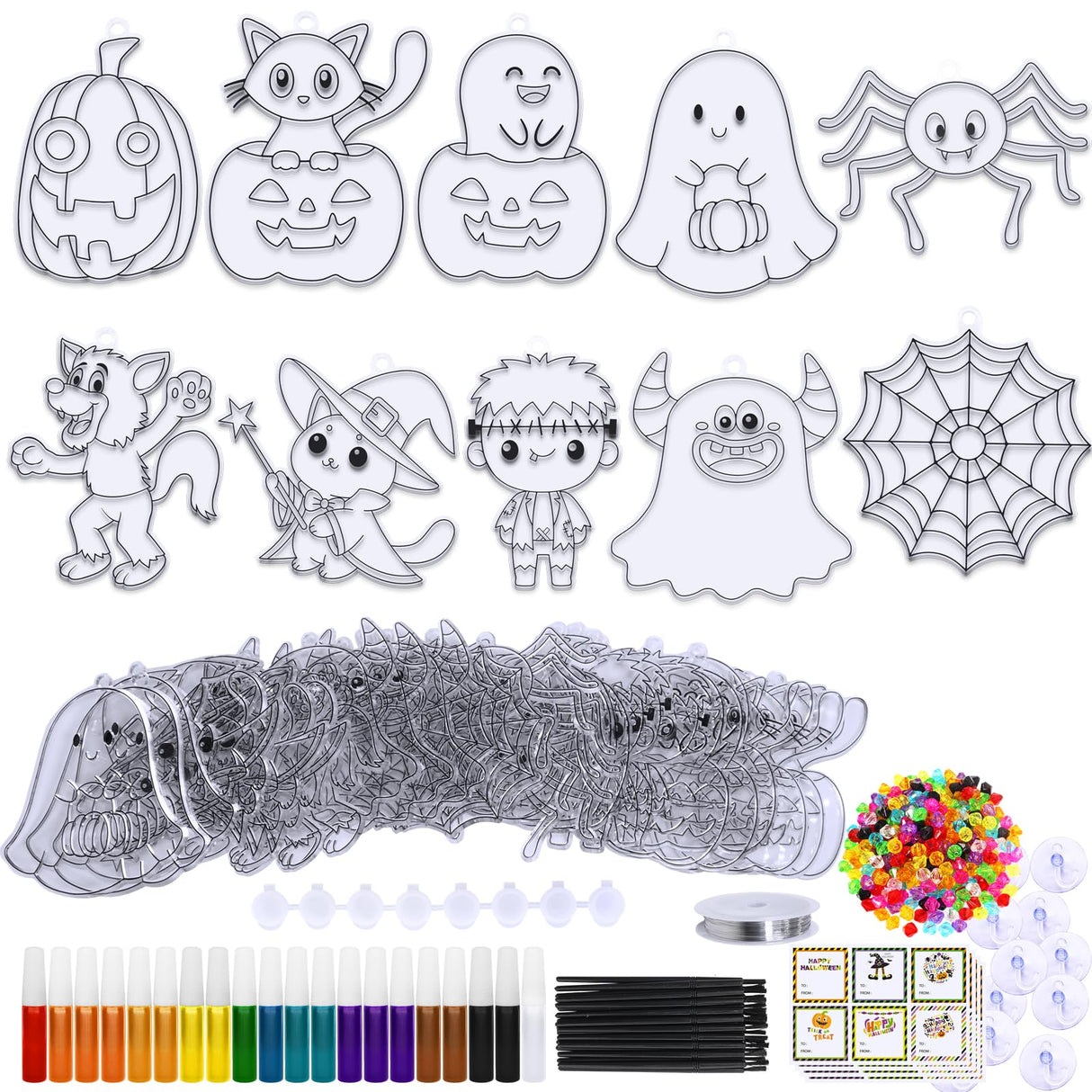 Winlyn 30 Sets Halloween Suncatchers Ornaments Decorations DIY Window Paint Art Suncatchers Halloween Craft Kits Jack-O'-Lantern Ghost Spider Sun Catchers for Kids Classroom Activities Art Project Winlyn