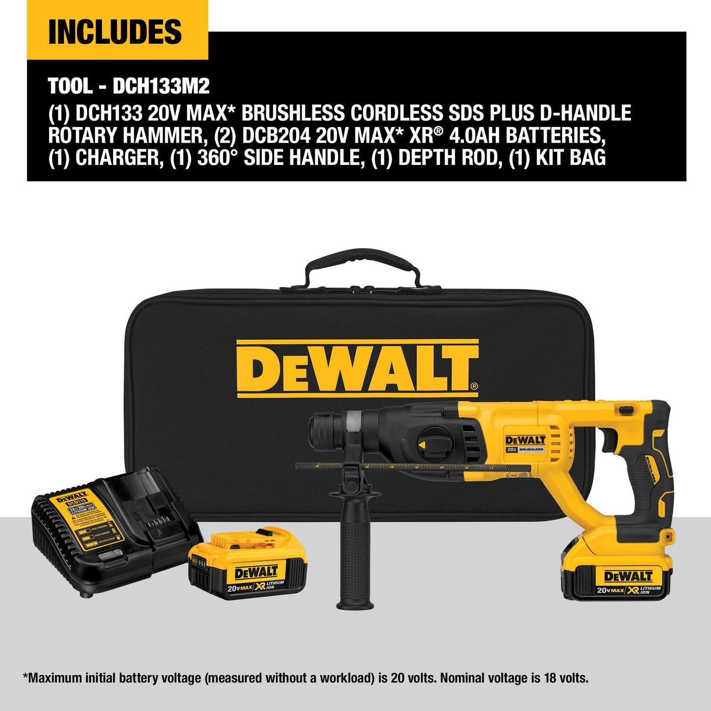 DEWALT DCH133M2 20V Max XR Brushless 1” D-Handle Rotary Hammer Kit - WoodArtSupply