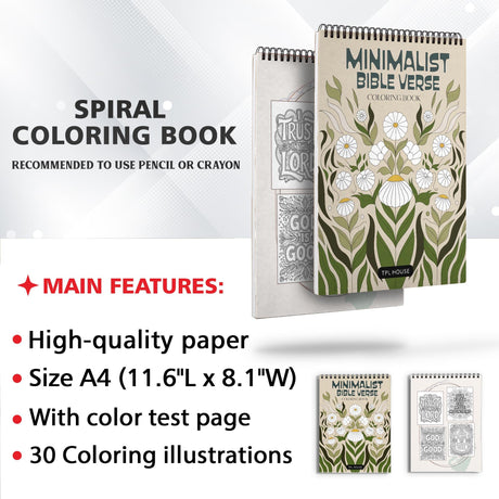 TPLHOUSE Minimalist Bible Verse Spiral Coloring Book for Adults Relaxation & Stress Relief, 30 Coloring Pages of Simple Designs, Inspirational Scripture Quotes, Calm Floral Patterns TPLHOUSE