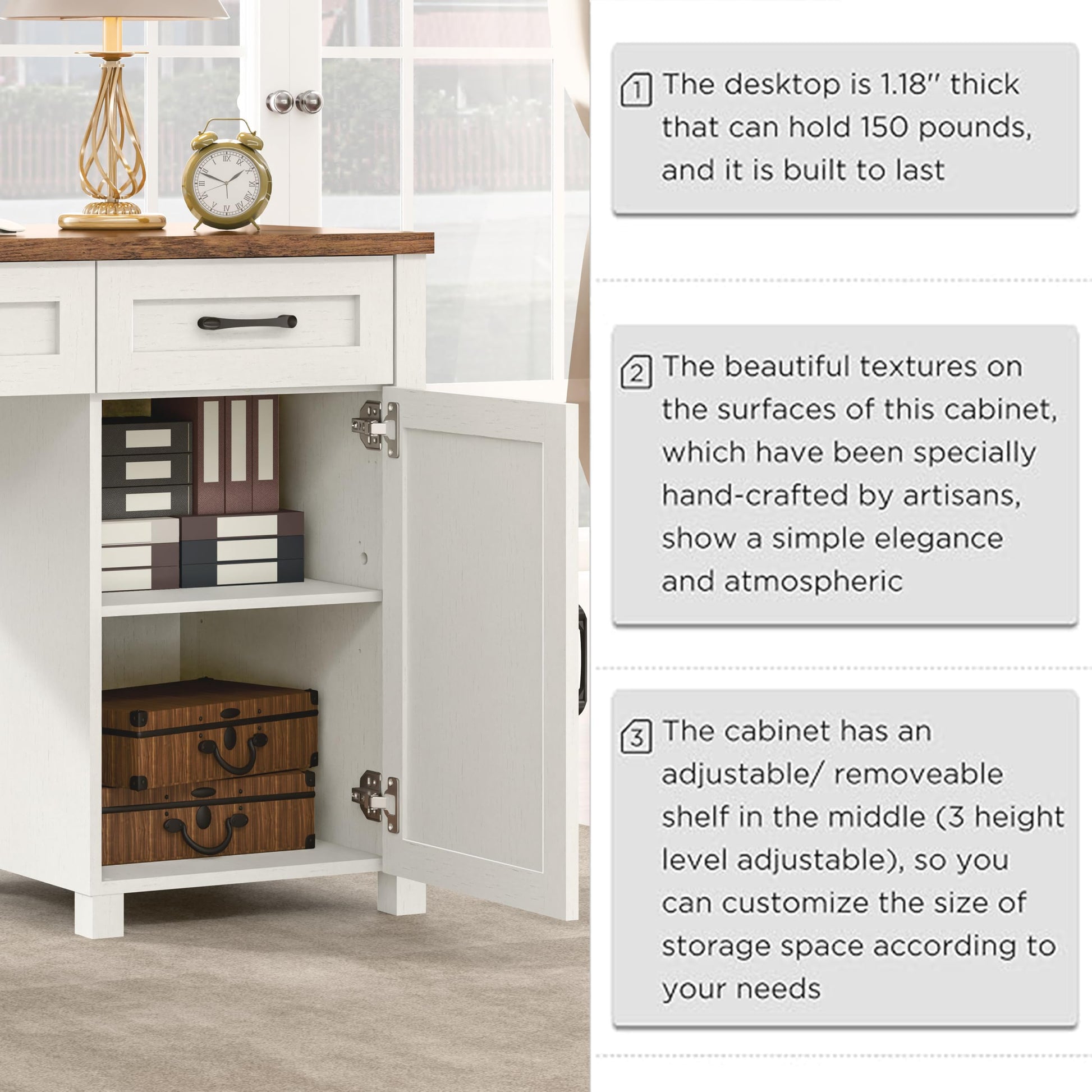 Befrases Farmhouse 47" Executive Desk, White Computer Desk with 2 Drawers and Storage Cabinet, Home Office Desk with Hutch, Charging Hub, Workspace for Work and Study. - WoodArtSupply