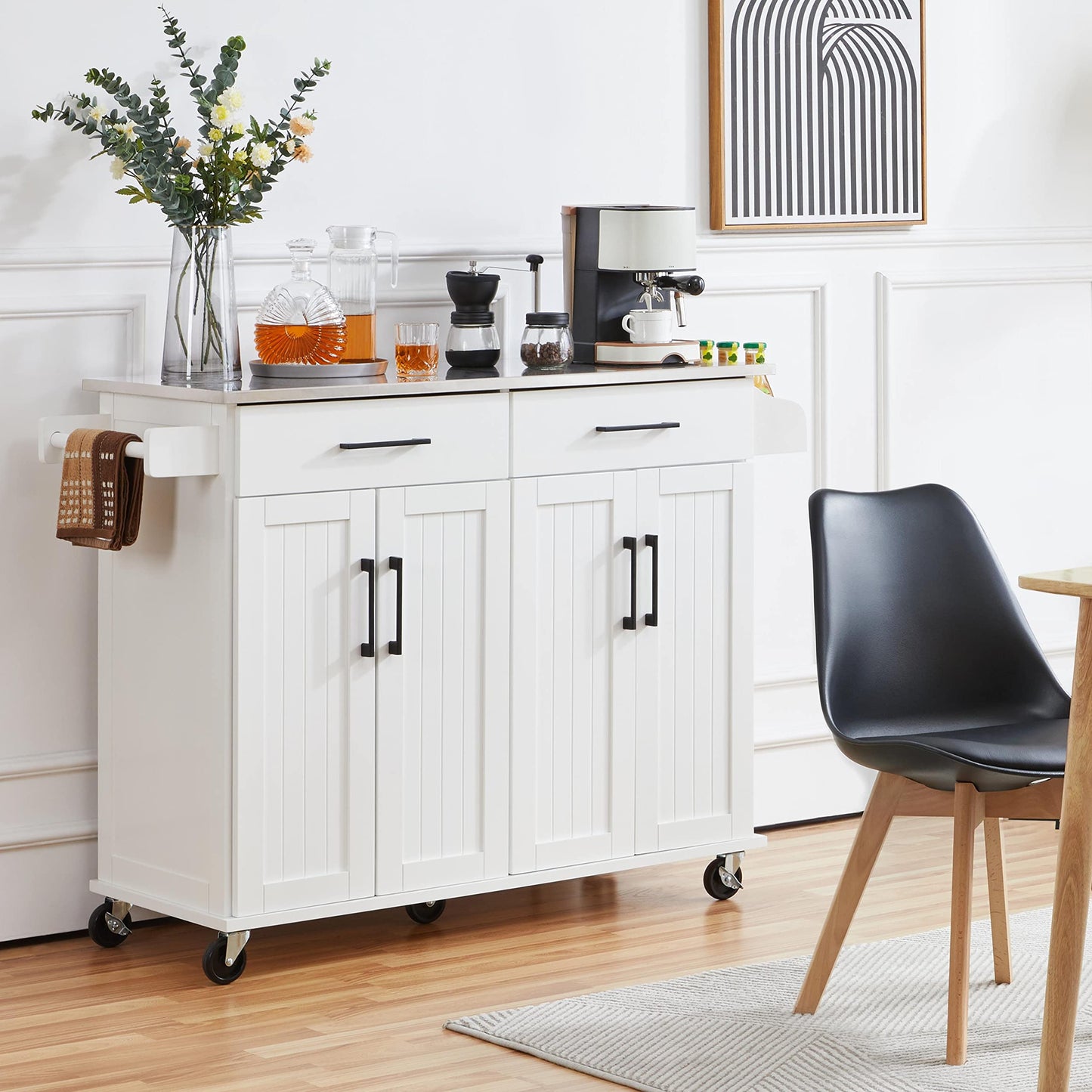 Yaheetech Kitchen Island Cart with Storage & Stainless Steel Countertop, Portable Kitchen Island on Wheels with Cabinet & Adjustable Shelves & 2 Drawers, Rolling Island Table for Kitchen, White