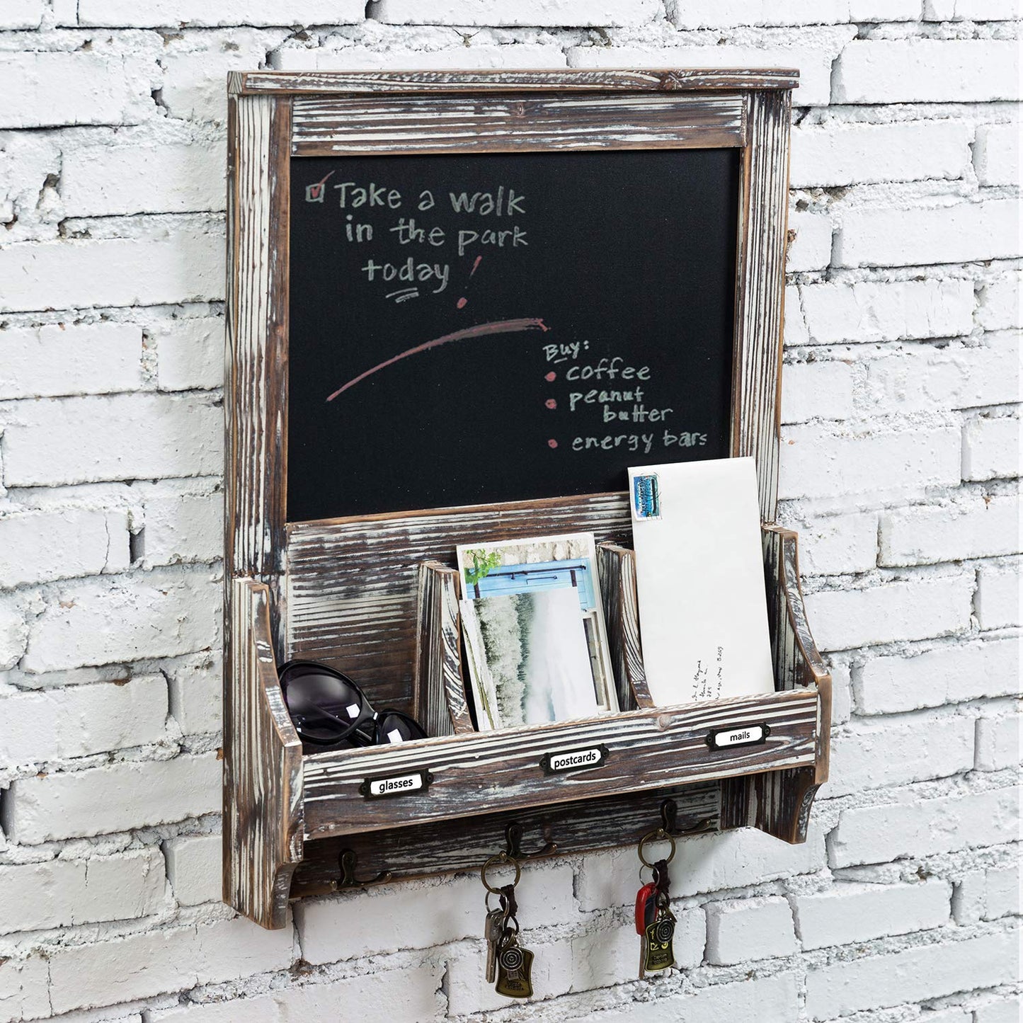 MyGift Wall Mounted Entryway Mail Holder and Key Organizer Rack in Rustic Torched Wood Finish with Decorative Chalkboard