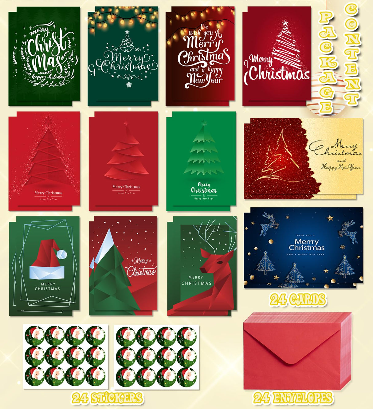 HSHFAMIIY Christmas Cards, Stocking Stuffers for Adults, 24 Pcs Christmas Cards with Envelopes & Stickers,4 x 6 Inch,Blank Holiday Greeting Card Set,Xmas Gift Bags HSHFAMIIY