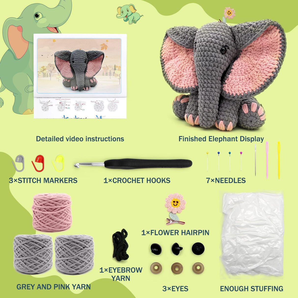 CODGP Crochet Kit,13in Crochet Animal Kit Elephant,Crochet Starter Kit Gift for Adults Kids with Yarn Sets,Amigurumi Crochet Kits with Step-by-Step Video Tutorials CODGP