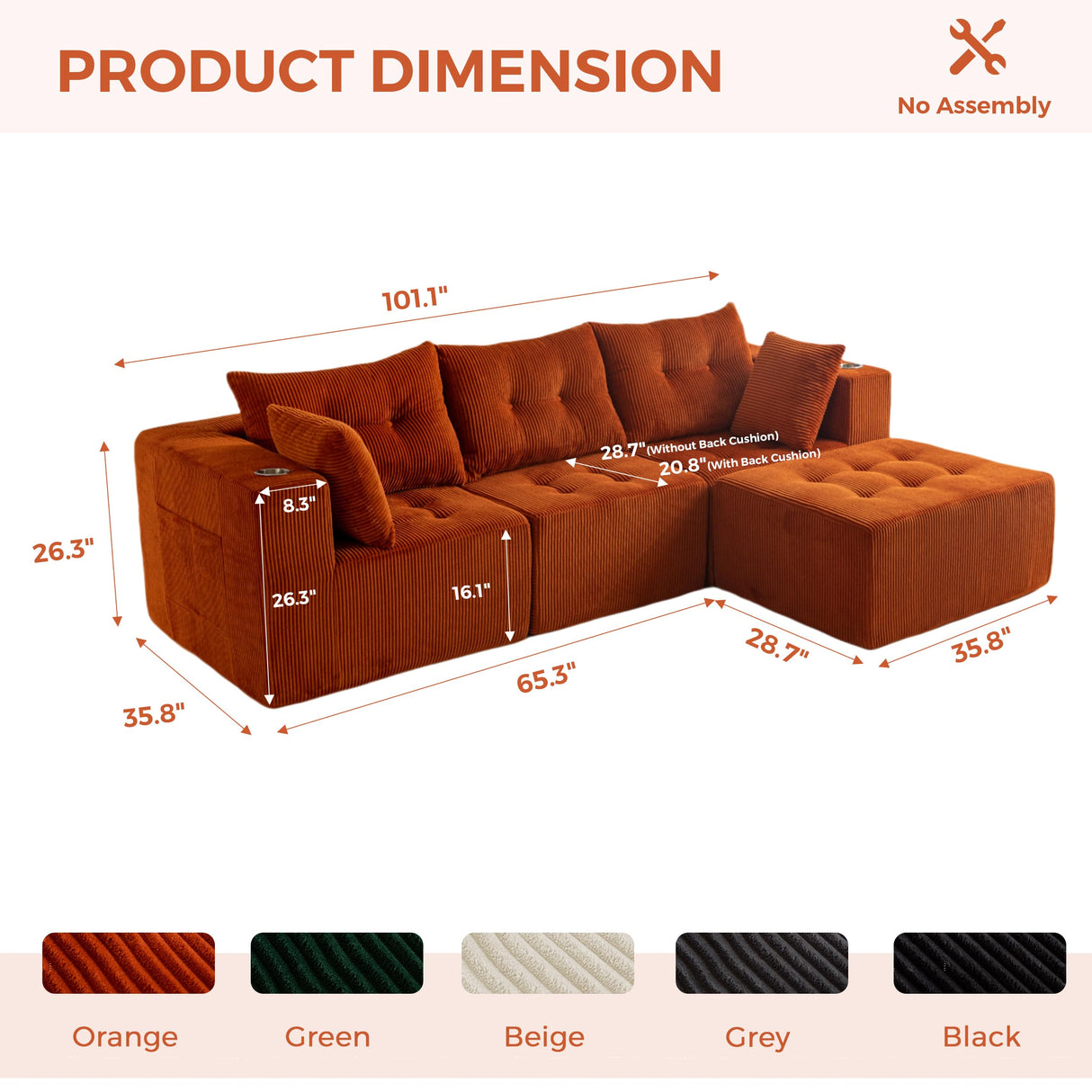 MAXYOYO Modular Sectional Sofa Couch, L Shaped Modern Cloud Couch with 1 Ottoman, Sofa in A Box, Tufted 4-Seat Boneless Sleeper Chair for Living Room, No Assembly Required, Orange MAXYOYO