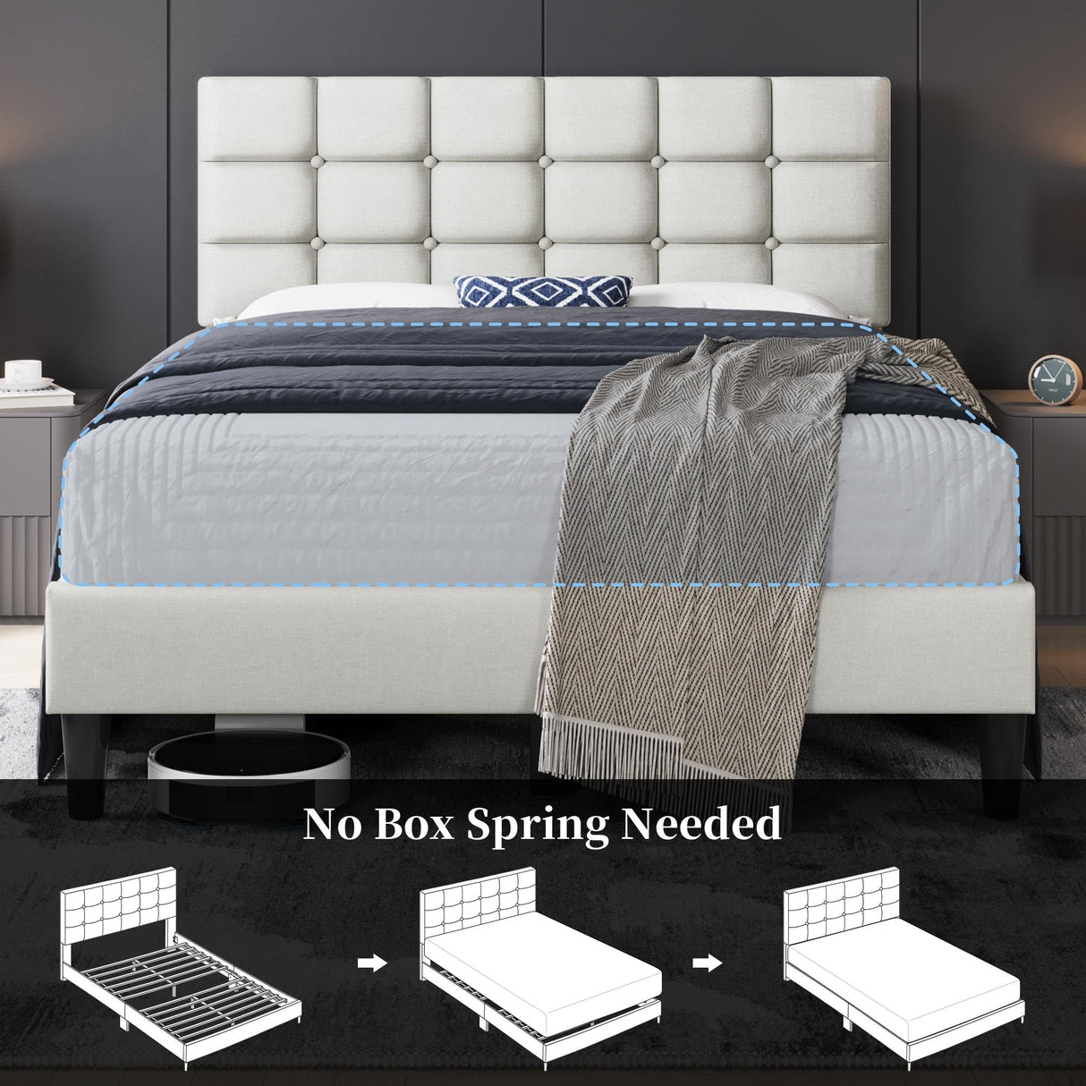 Yaheetech Upholstered Bed Frame, Modern Full Bed Platform with Square Stitched&Button Tufting Headboard Height Adjustable, Wooden Slats Support, No Box Spring Needed, Full Size, Beige Yaheetech