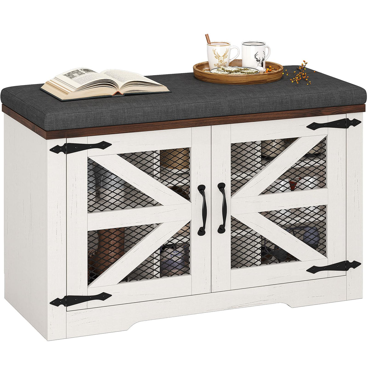 UPOSOJA Farmhouse Storage Bench with Cushion, Metal and Wood Shoe Rack Organizer, Adjustable Shelf, Shoe Cabinet with Half Hidden Storage Space, for Entryway, Bedroom, Living Room (Old White, 31.4in) UPOSOJA