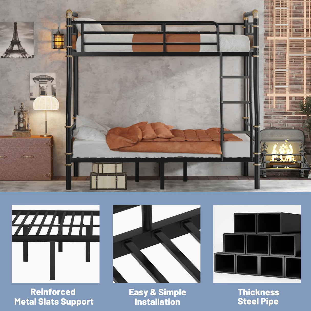 Full XL over Queen Industrial Bunk Beds for Teens or Adults , Heavy-Duty 2 IN 1 Metal Convertible Bunk Bed with Ladder and Slats Support ,15.9" High Guard Rail,Space-Saving ,Noise Reduced,Black MoproBeti