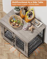 Lulive Dog Crate Furniture, Dog Kennel Indoor Double Doors Wooden Dog Cage, 33'' Heavy Duty Dog Crate with Cushion & Wheels, Decorative End Table Pet House Chew-Resistant for Medium/Small Dog, Grey Lulive