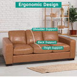 Naomi Home Freya Genuine Leather Sofa - Luxurious Comfort, Goose Feather Cushion Filling, Square Arm Design, Sturdy Block Legs, Elegant Tan - Ideal for Living Room, Office, or Bedroom Naomi Home