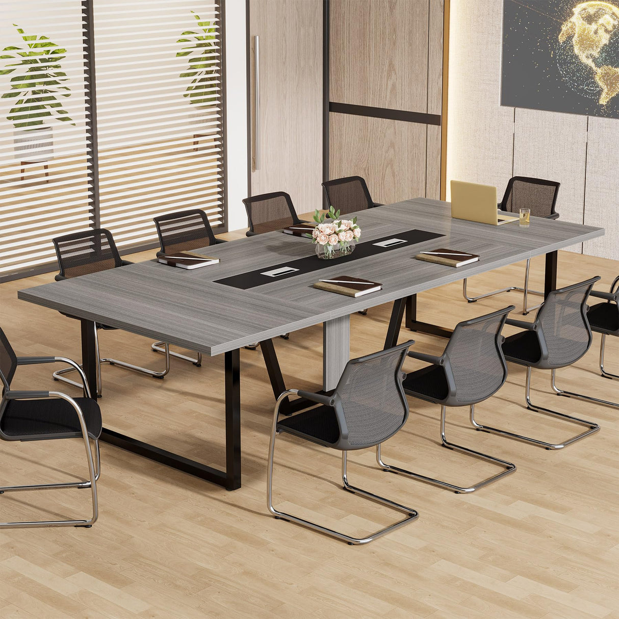 Tribesigns 8FT Conference Table, 94.49 L x 47.24 W x 29.53 H Inches Large Meeting Podcast Table for 10 People, Business Style Wooden Training Table with Strong Metal Frame for Office Conference Tribesigns