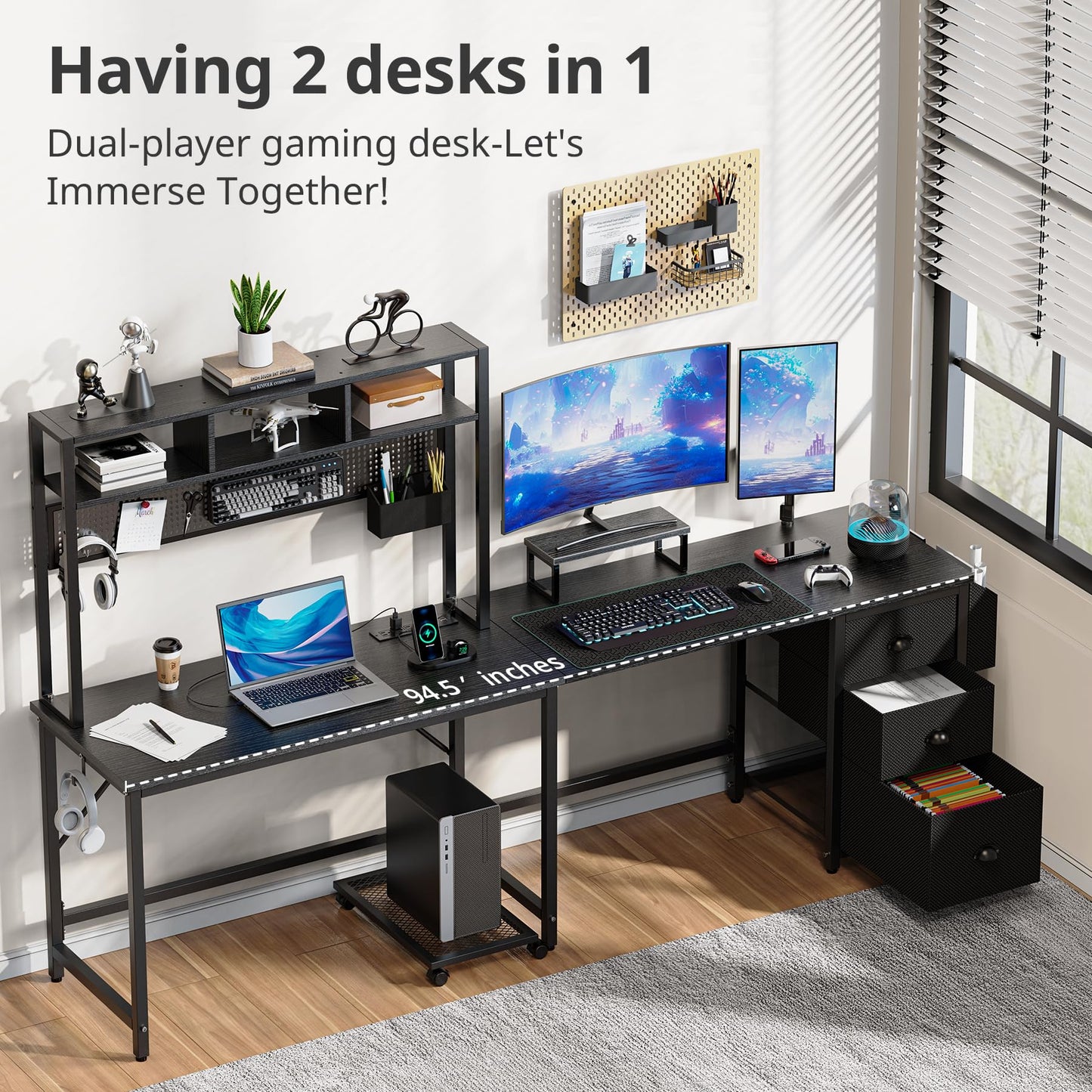 DOMICON L Shaped Gaming Desk 94.5 inch Computer Desk with Pegboard & Shelves & Drawers, Gaming Desk with Power Outlet & LED Strip & Monitor Stand & Mobile CPU Stand, Corner Deck for Home Offi - WoodArtSupply