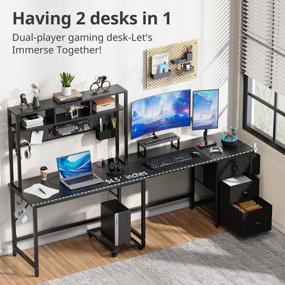 DOMICON L Shaped Gaming Desk 94.5 inch Computer Desk with Pegboard & Shelves & Drawers, Gaming Desk with Power Outlet & LED Strip & Monitor Stand & Mobile CPU Stand, Corner Deck for Home Office Black
