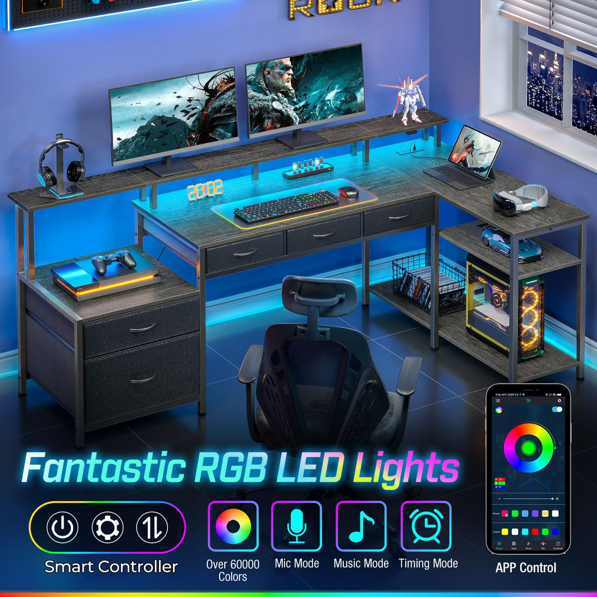 Seventable L Shaped Desk with File Drawers, 64" Home Office Desk with Power Outlet & LED Lights, Reversible Gaming Desk with Printer Storage Shelves, Corner Computer Desk with Monitor Stands, Grey Seventable