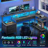 Seventable L Shaped Desk with File Drawers, 64" Home Office Desk with Power Outlet & LED Lights, Reversible Gaming Desk with Printer Storage Shelves, Corner Computer Desk with Monitor Stands, Grey Seventable