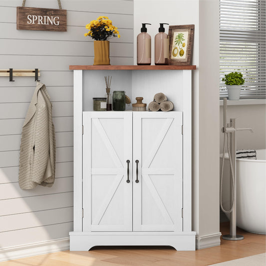 Smuxee Bathroom Corner Storage Cabinet, Farmhouse Floor Corner Cabinet with Barn Door and Adjustable Shelf, White Narrow Cabinet Organizer for Bathroom, Living Room, Kitchen