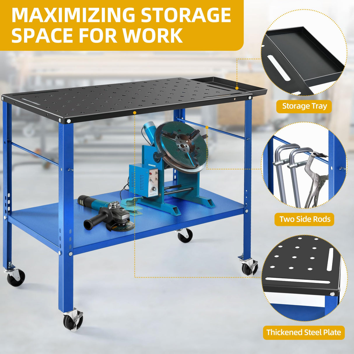 DWVO Portable Welding Table with Wheels, 36" x 18" Rolling Welding Table Top with 5/8" Fixture Holes & Storage Tray, 1200lb Load Capacity Metal Welding Bench, Extra Middle Shelf for Convenient Storage DWVO
