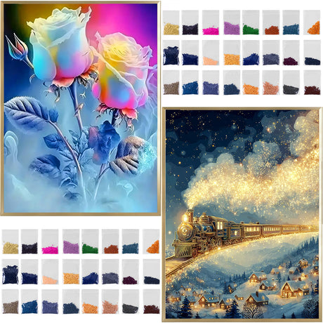 xingyangyuanfei Rose and Train Diamond Painting Kits for Adults, 2-Piece 5D Full Drill Diamond Art, 12x16 Inch Home Wall Decor xingyangyuanfei