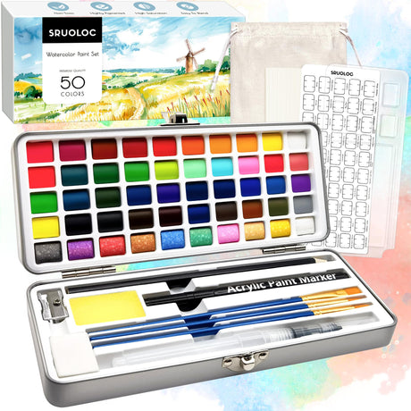 SRUOLOC Watercolor Paint Set 50 Colors, Travel Watercolor Set with Portable Carrying Case, Papers, Brushes and Accessories, Ideal for Artists, Amateur Hobbyists and Painting Lovers SRUOLOC