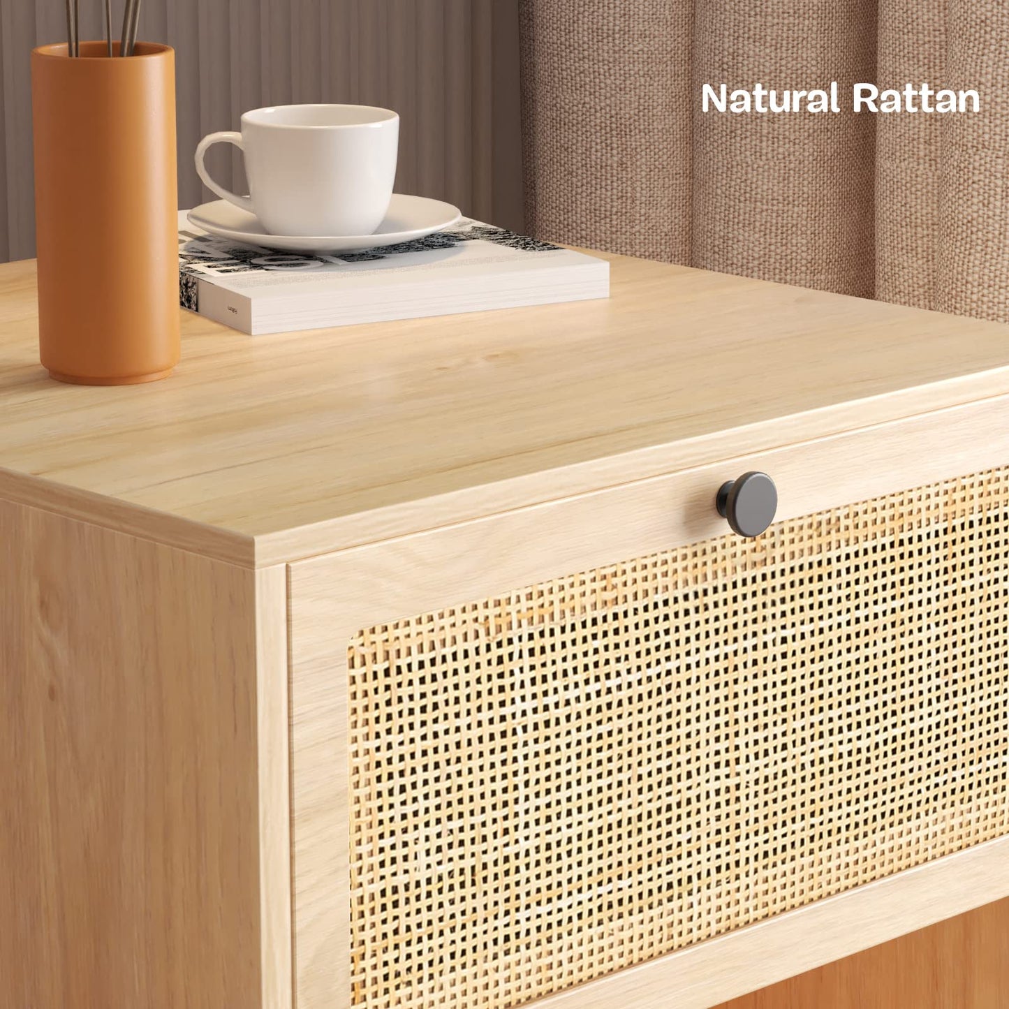 Rattan Nightstand Set of 2, End Table, Bedside Table, Rattan Side Table with Handmade Natural Rattan Decorative Door, Accent Table, Modern Nightstand for Bedroom, Living Room - WoodArtSupply