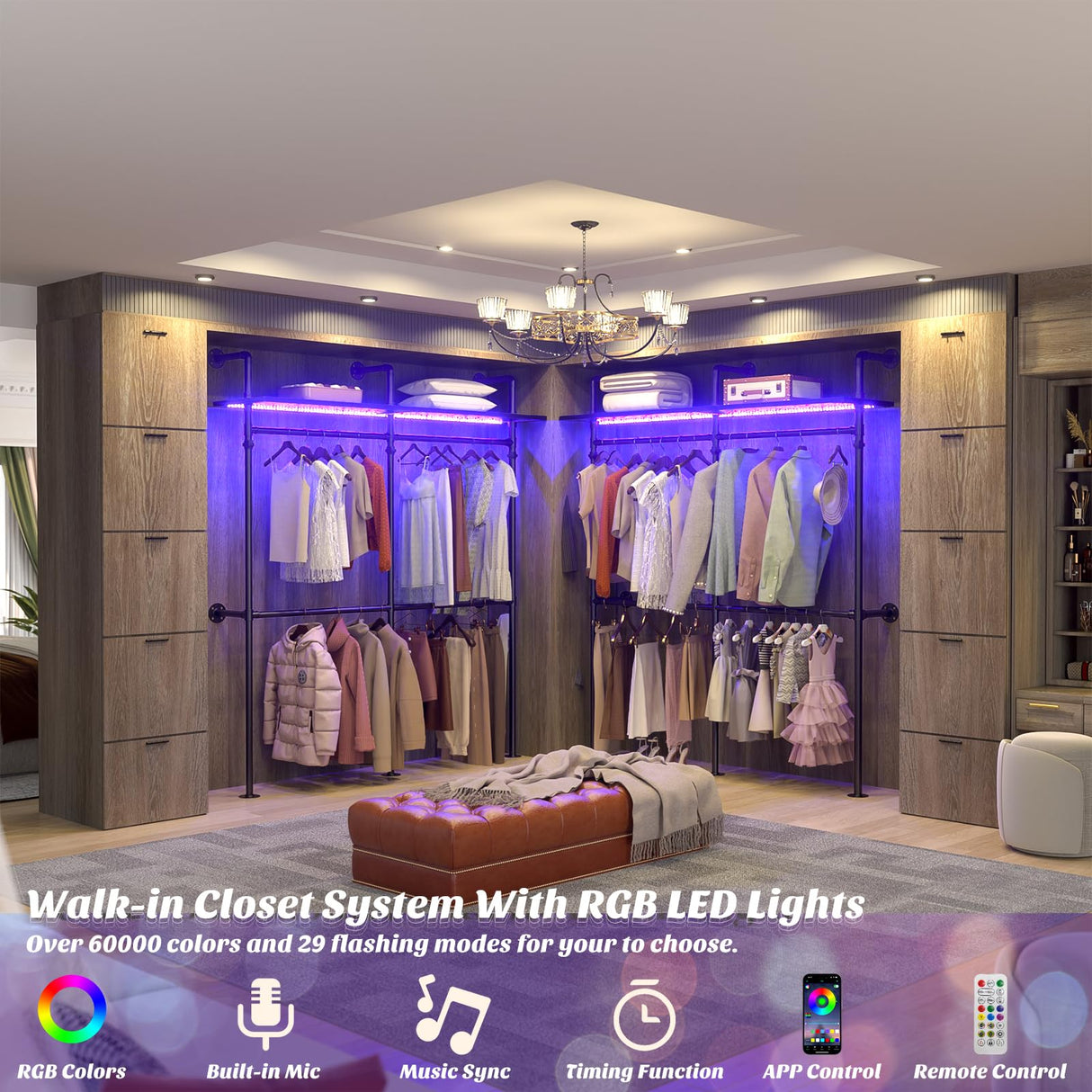 Aheaplus Industrial Pipe Clothing Rack, Reversible 79.7'' Clothes Rack for Hanging Clothes, Heavy Duty Garment Racks Closet Wardrobe with LED Lights& Shelves, Walk-in Closet System, Black Aheaplus