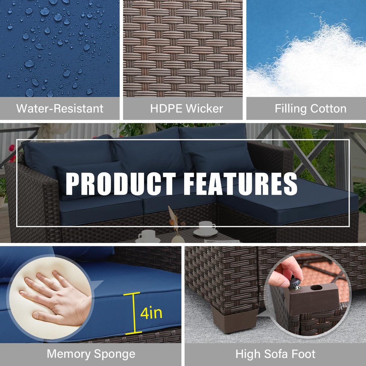 Patio Furniture Set 3 Pieces Outdoor Sectional Sofa Set Wicker Patio Furniture Outdoor Couch Outdoor Ottoman Coffee Table with Storage All-Weather Anti-Slip Cushions Waterproof Covers, Navy Blue Rattan Star