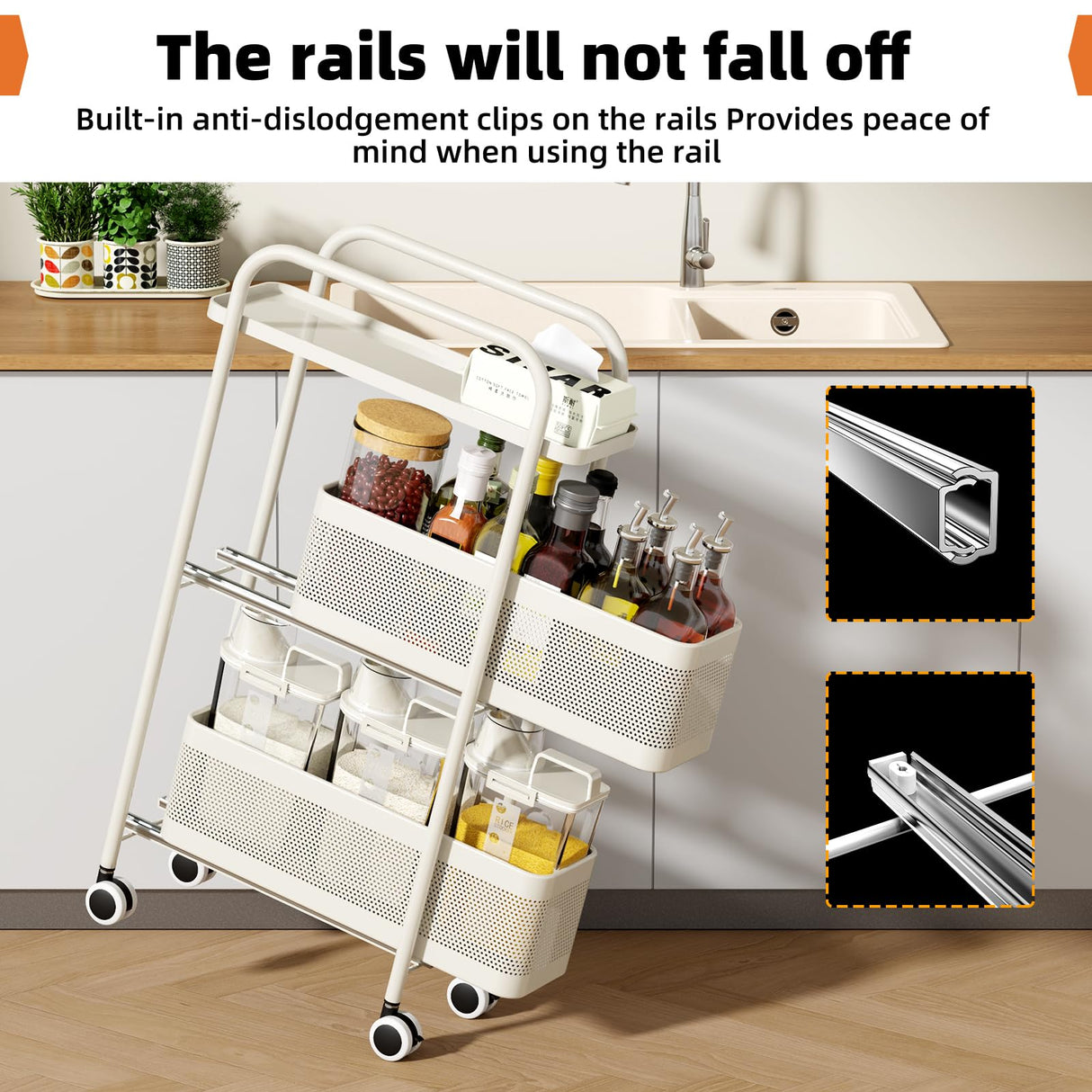 Slim Storage Cart 3 Tier with Pull Out Metal Basket Bathroom Organizer Rolling cart, Installation-Free Rolling Utility Cart Slide Out Organizer for Kitchen, Bathroom, Laundry (White, 3 Tier) CABTE