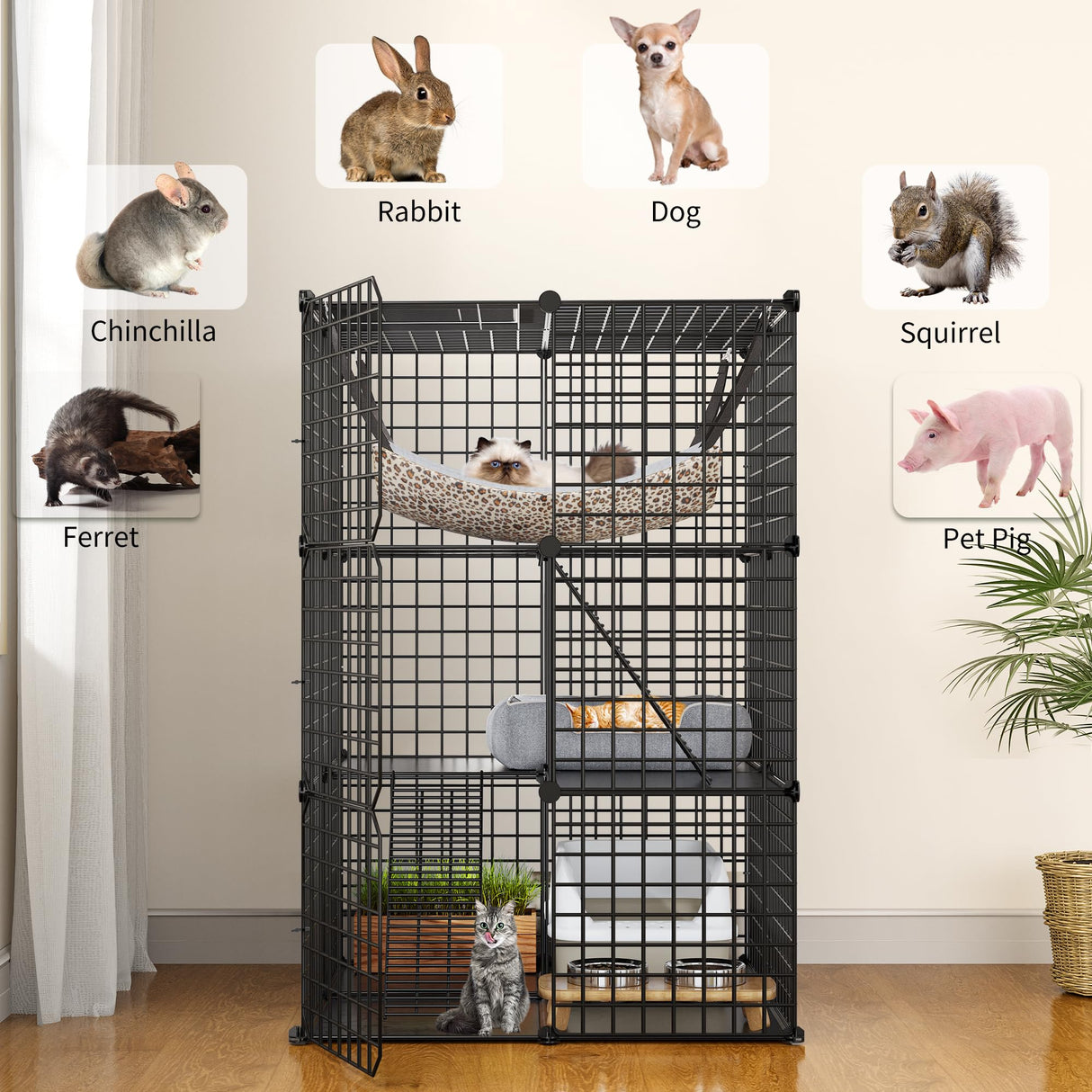 YITAHOME Metal Cat Cage Indoor: 3-Tiers DIY Kitten Enclosures Playpen Catio Kennels Pet Crate with Extra Large Hammock for Small Animals (Black) YITAHOME