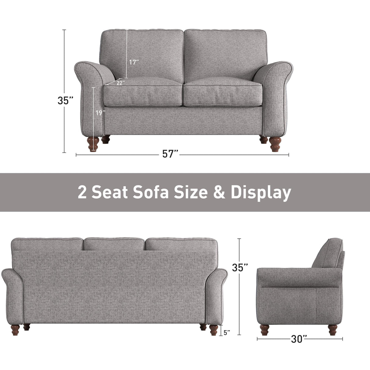 Bonzy Home 57" Loveseat Sofa, 2 Seater Sofa for Living Room, Upholstered Comfy Sofa Couch for Small Space, Living Room, Apartment, Office, Grey Bonzy Home