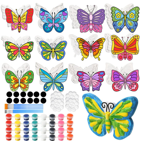 Arrowbash 12 Sets Butterfly Painting Kit Summer Ceramic to Paint Your Own Butterfly Unpainted Paintable Ceramics with 12 Magnet 8 Brushes and 4 Palette Spring DIY Arts and Crafts for Party Adults Arrowbash