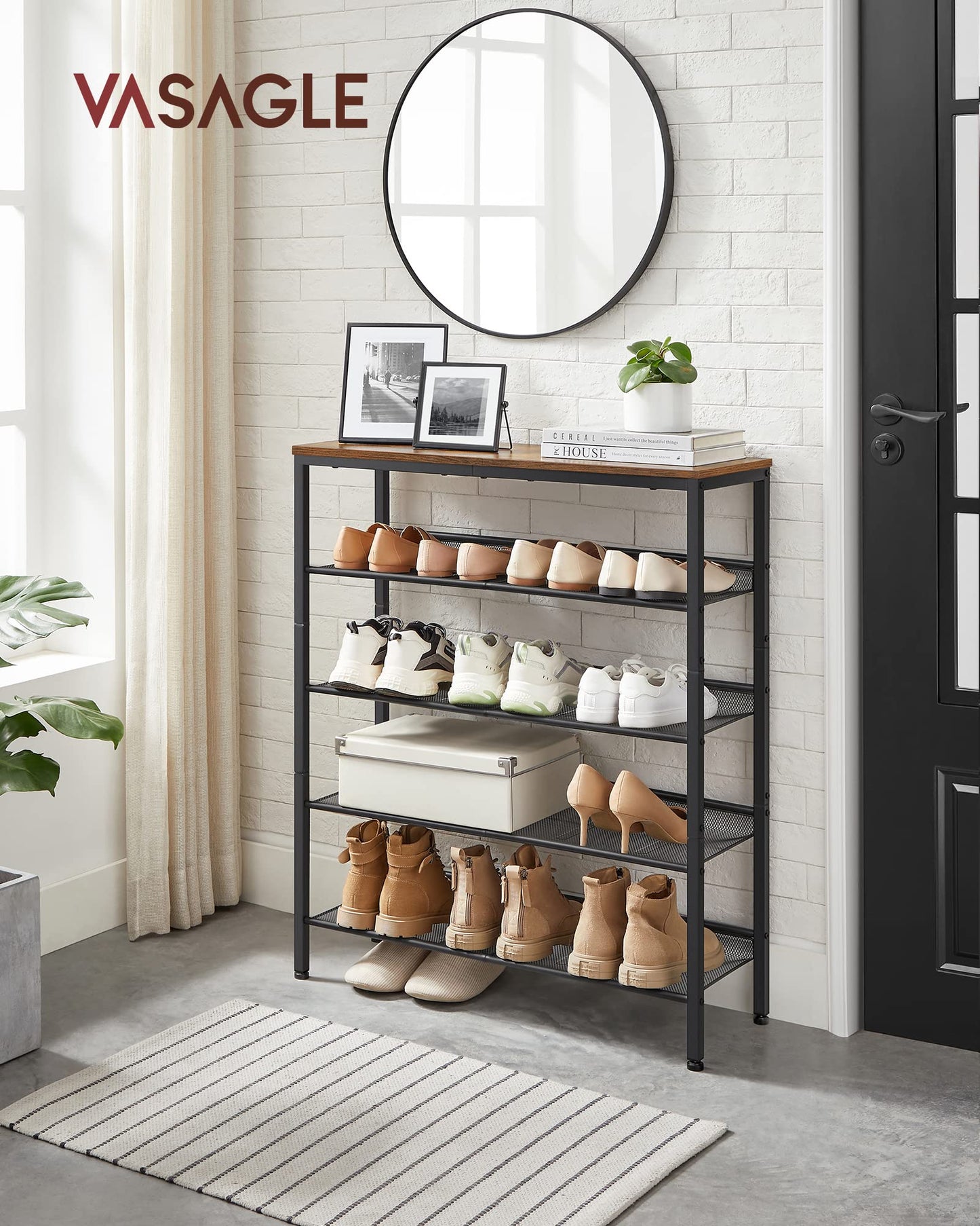 VASAGLE Shoe Rack for Entryway, 5 Tier Shoe Storage Shelves, 16-20 Pairs Shoe Organizer, with Sturdy Wooden Top and Steel Frame, Free Standing, Industrial, Rustic Brown and Ink Black ULBS038B - WoodArtSupply