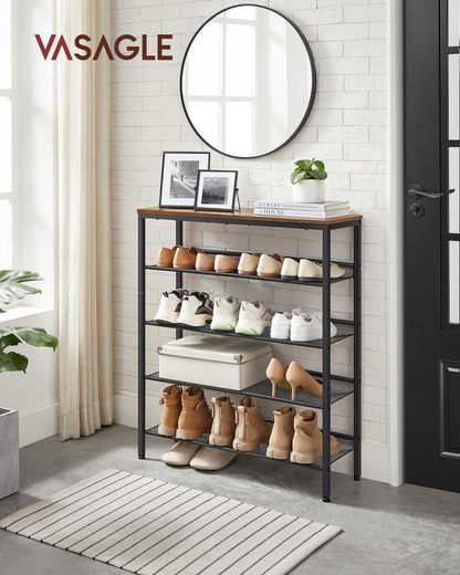 VASAGLE Shoe Rack for Entryway, 5 Tier Shoe Storage Shelves, 16-20 Pairs Shoe Organizer, with Sturdy Wooden Top and Steel Frame, Free Standing, Industrial, Rustic Brown and Ink Black ULBS038B - WoodArtSupply