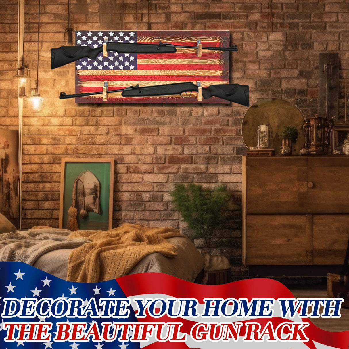 Colingmill Wall Mount Gun Rack Indoor Gun Rack for 2 Guns Wooden Gun Display Rack Wood Gun Storage Shelf with Flag Background Guns Wall Holder for Guns, Bows and Arrows Colingmill