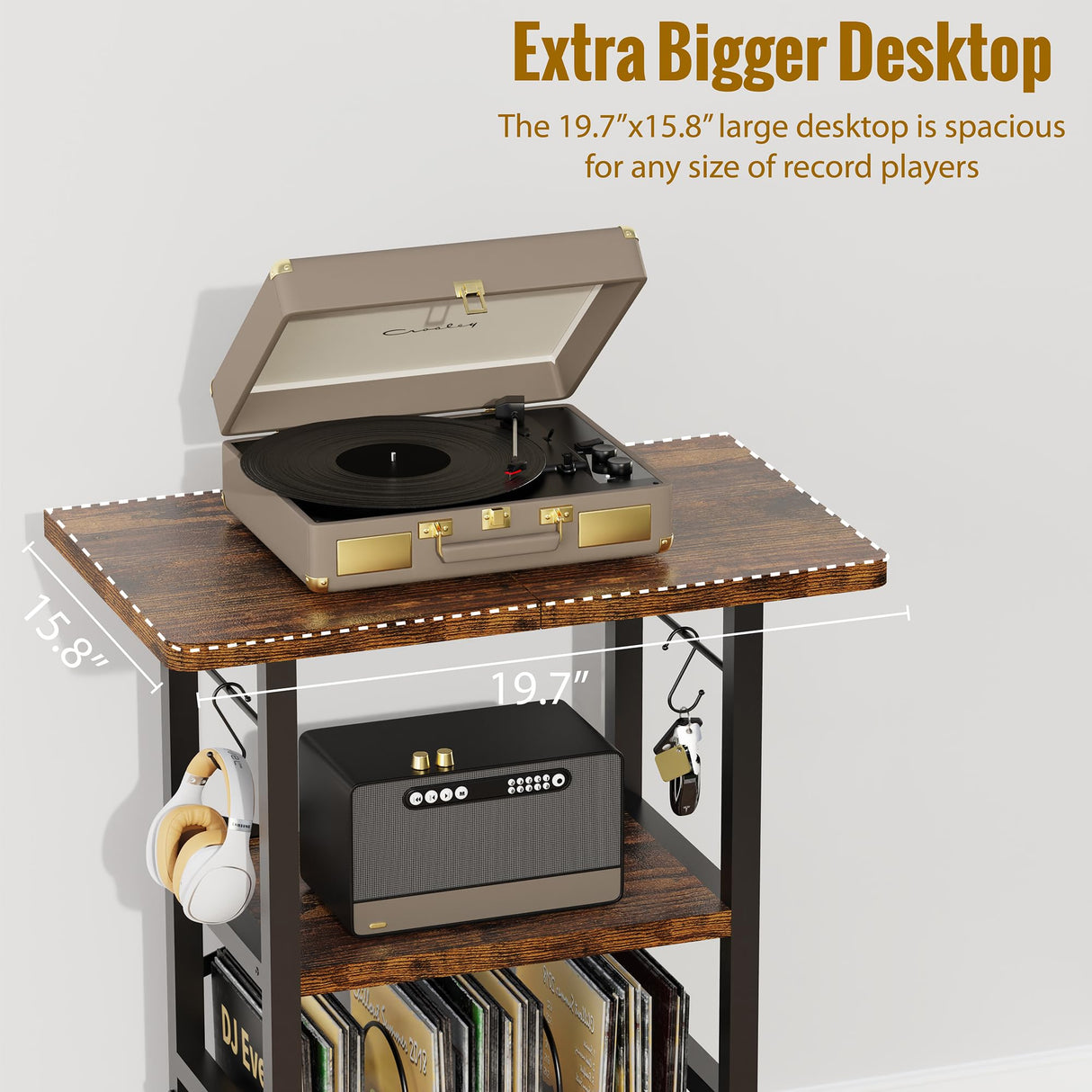 YAKANJ Record Player Stand with Extended Desktop,Large Record Player Table with Vinyl Storage,Turntable Stand with Record Holder Vinyls Display Shelf for Music Room Studio,Retro YAKANJ