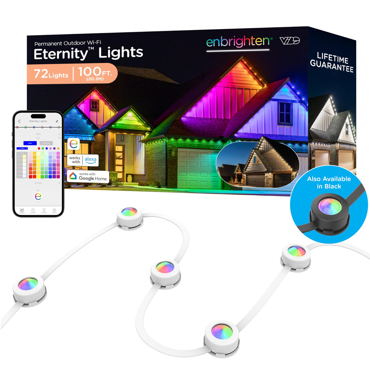 Enbrighten Vibe Eternity Permanent Outdoor Lights for House, 100ft, 72 RGBWIC LEDs, Close Spacing, 33lm, Color Changing, Christmas, Eave Lighting, Smart App, Works with Alexa, Google Home, 81103 Enbrighten