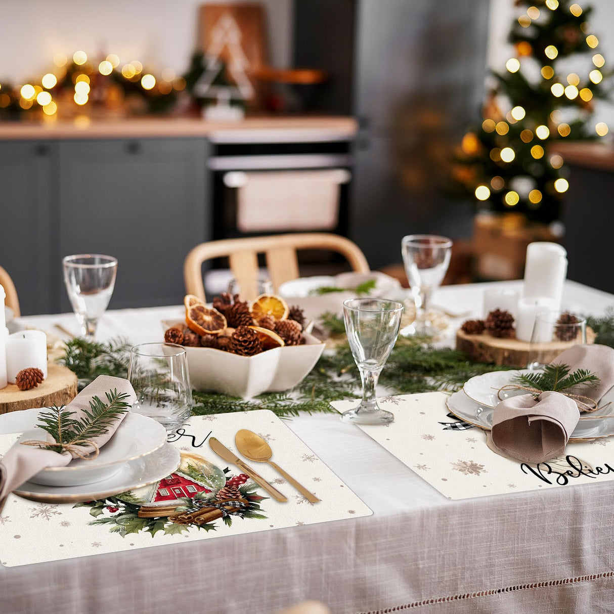 Gandeer Set of 6 Rustic Christmas Placemats 17 x 12'' Farmhouse Plastic Place Mats Santa Modern Christmas Placemats Wipeable Washable Vinyl Table Mats for Kitchen Xmas Home Dining Party Decor Gift Gandeer