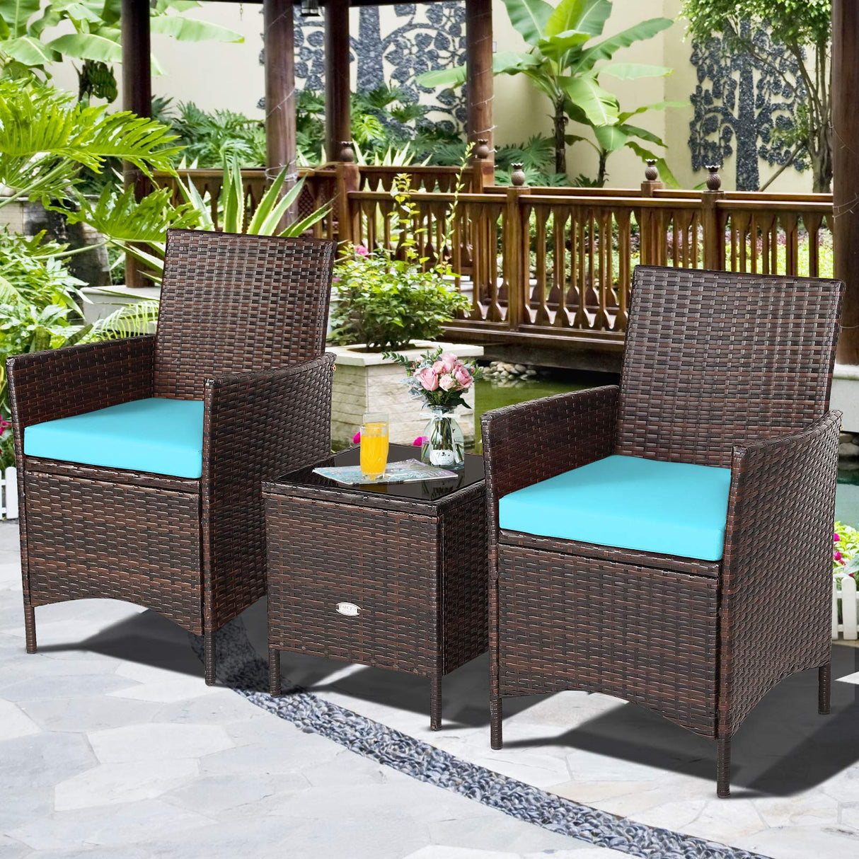 COSTWAY 3 Pieces Patio Rattan Furniture Set, Outdoor Wicker Cushioned Sofa with Tempered Glass Tabletop, Rattan Conversation Set for Porch Yard Balcony Backyard Pool, Turquoise COSTWAY