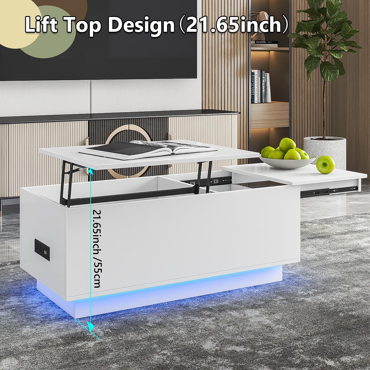 HOMMPA Lift Top Led Coffee Table with Charging Station Modern Table for Living Room with Hidden Compartment High Glossy Lift Tabletop White Coffee Table for Living Room - WoodArtSupply