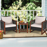 HAPPYGRILL 3 Pieces Outdoor Patio Furniture Set Wicker Chairs with Coffee Table, Balcony Porch Furniture Bistro Set with Wood Frame and Washable Cushions for Garden Poolside Backyard HAPPYGRILL