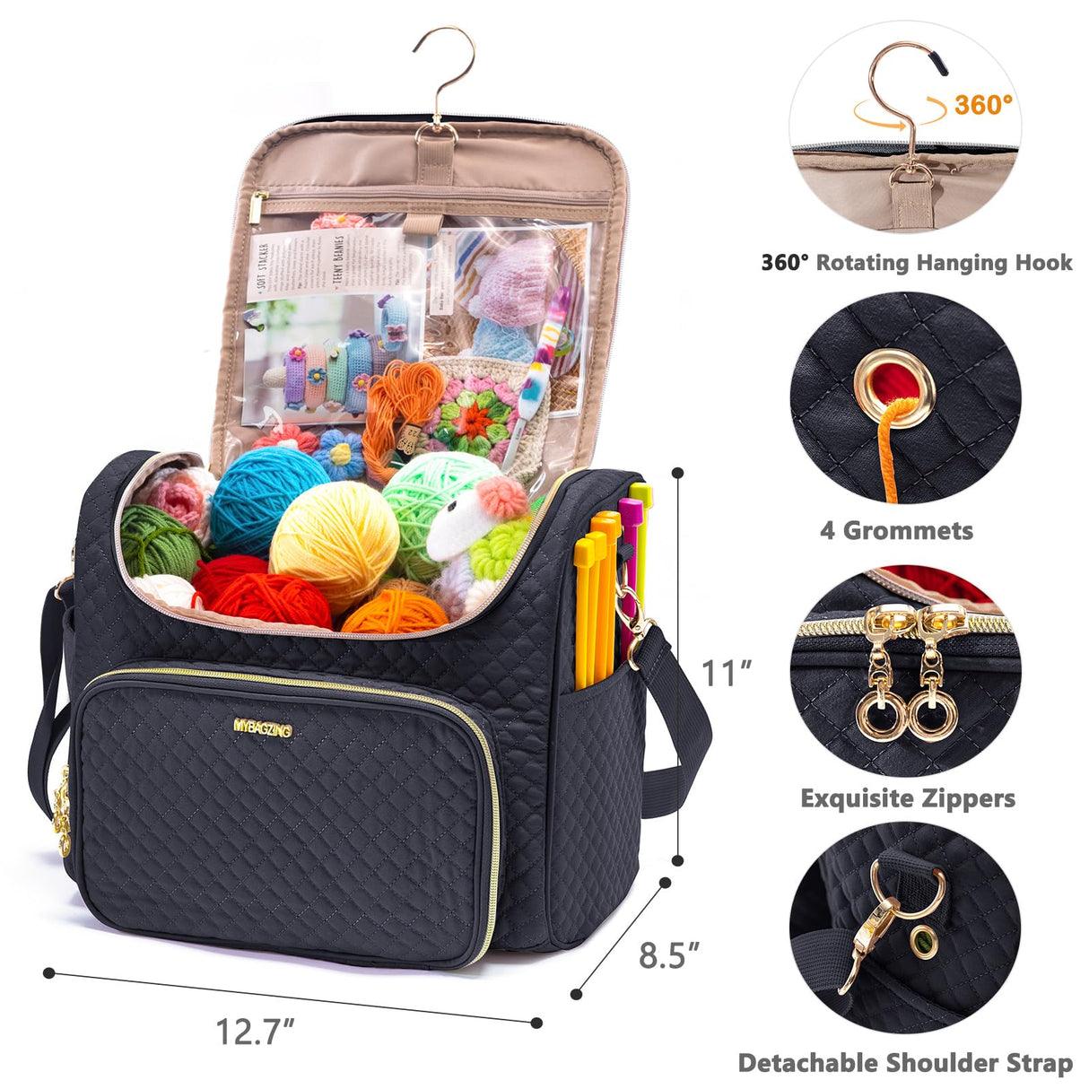 MYBAGZING Crochet Bag Organizer - Quilted Storage Bag with Hanging Hook, Knitting & Yarn Tote for Crochet Accessories, Mother's Day Gift MYBAGZING