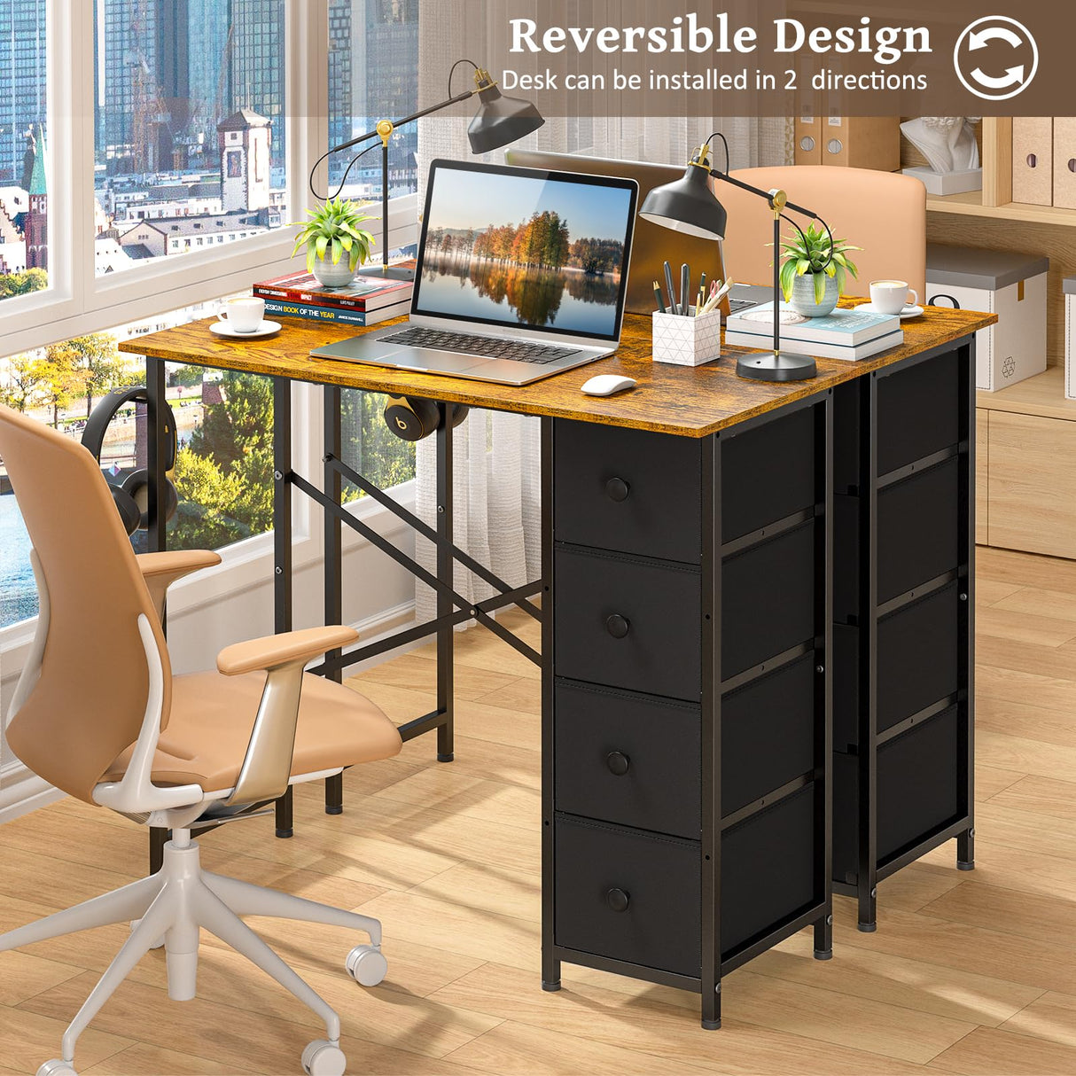 DAOUTIME Computer Desk with 4 Fabric Drawers, 35.4 Inch Small Home Office Writing Desk, Simple Table PC Desk for Small Places, Kids Girls Teen Study Writing Desk for Bedroom Dorm Rustic Brown DAOUTIME