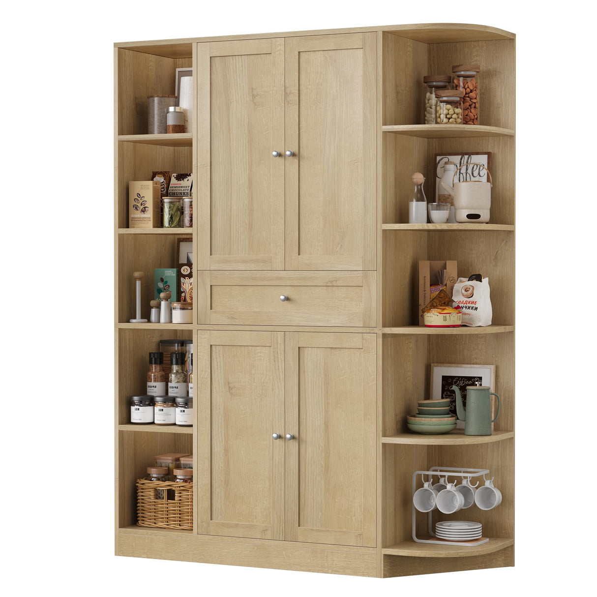 FACBOTALL 71" Tall Pantry Cabinet with Storage, 47'' Wide Freestanding Kitchen Cabinet with Doors & Shelves, Buffet Sideboard with Drawer, Cupboard for Kitchen, Dining Room, Utility Room, Light Oak FACBOTALL