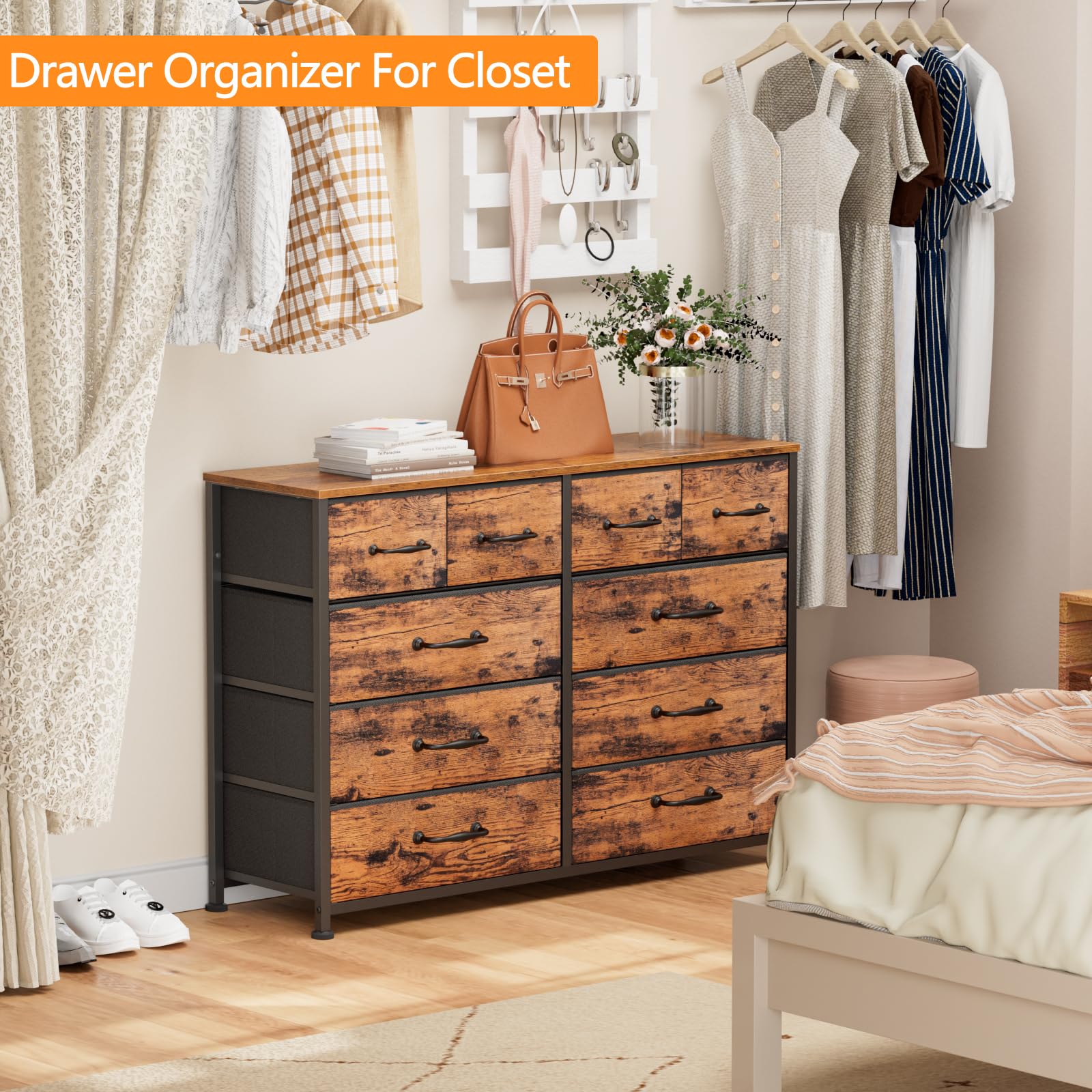 Furnulem 10 Drawer Dresser for Bedroom, Large Dresser for 55'' Long TV Stand,Storage Organizer for Closet, Living Room, Entryway, Fabric Bins, Wood Top, Metal Frame(Rustic Brown) - WoodArtSupply