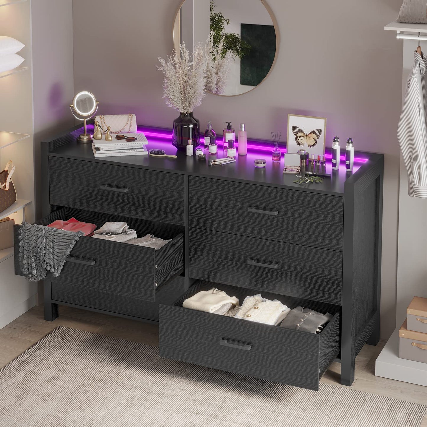 Hasuit Black Dresser for Bedroom with LED Lights, Large Capacity Wooden Storage Cabinet, Chest of 6 Drawers Dresser, LED Dresser for Hallway, Entryway (Modern Black) - WoodArtSupply