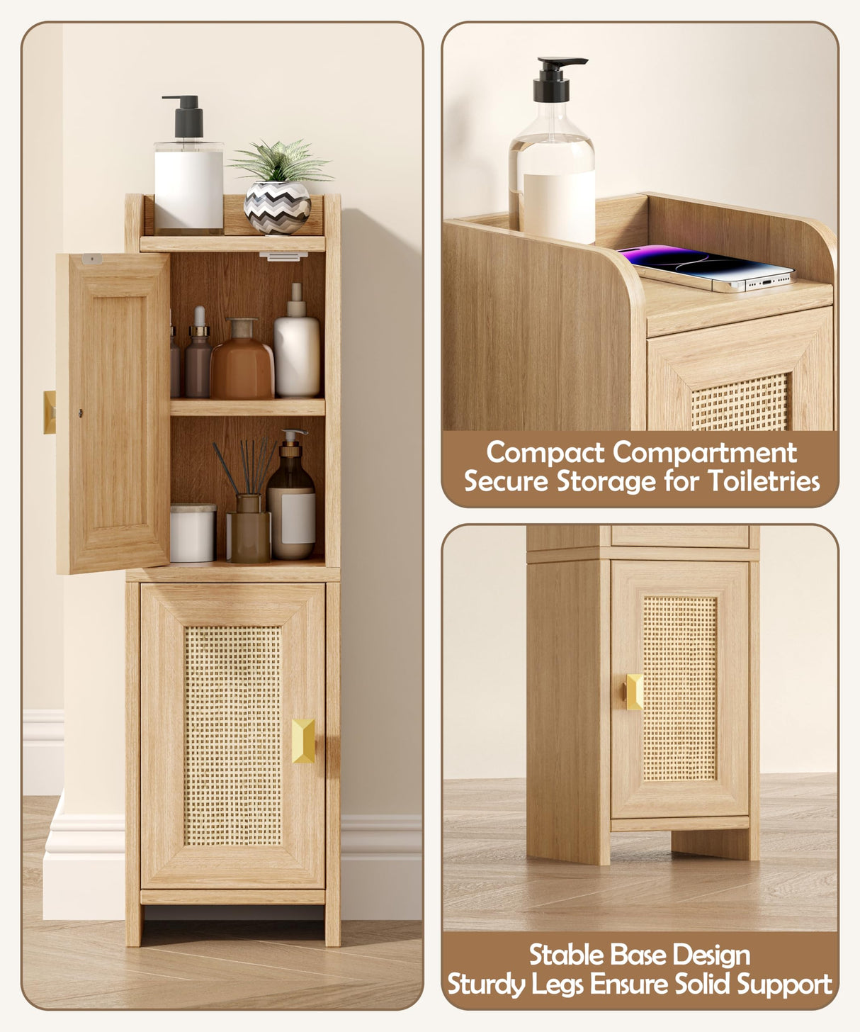Akxomel Rattan Small Bathroom Cabinet with 2 Doors, Narrow Toilet Paper Storage Cabinet, Bathroom Organizer for Small Spaces, Wooden Slim Corner Floor Unit with Adjustable Shelves, Natural Oak Akxomel