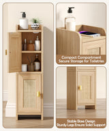 Akxomel Rattan Small Bathroom Cabinet with 2 Doors, Narrow Toilet Paper Storage Cabinet, Bathroom Organizer for Small Spaces, Wooden Slim Corner Floor Unit with Adjustable Shelves, Natural Oak Akxomel