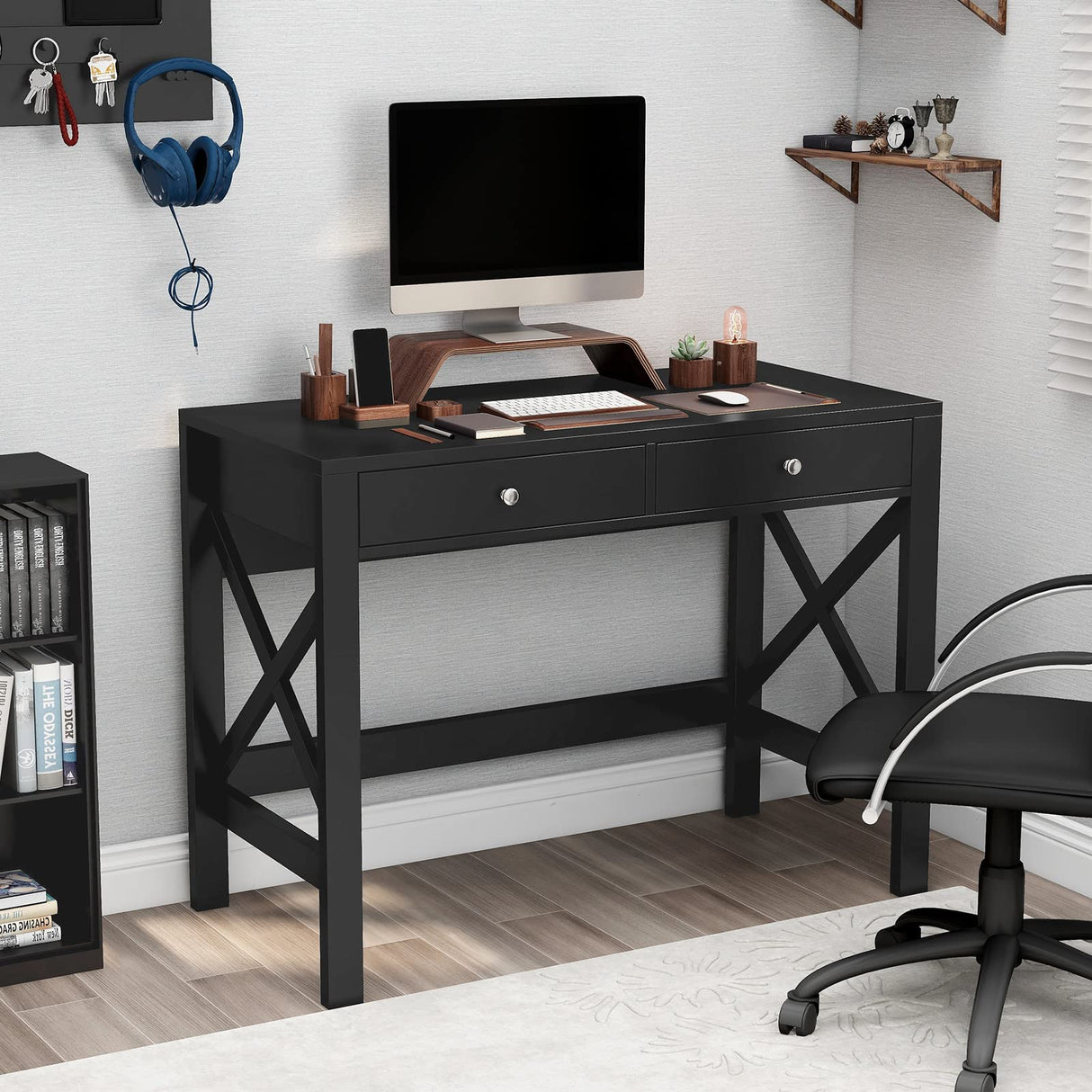 ChooChoo Home Office Desk Writing Computer Table Modern Design Black Desk with Drawers, Makeup Vanity Table ChooChoo