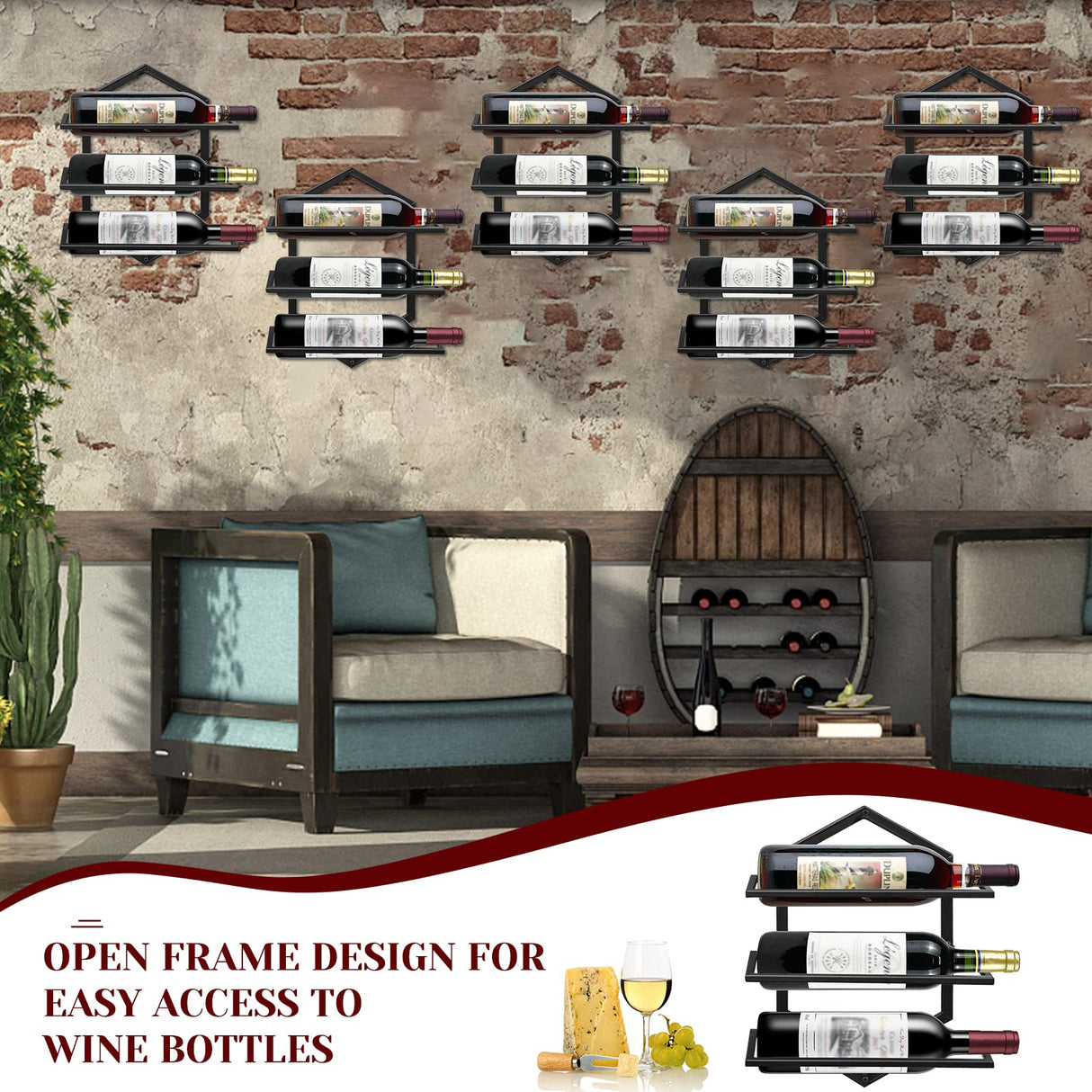 YALINKA 2Pcs Wall Mounted Wine Stemware Rack, Metal Hanging Wine Glass Display Holde Holds 3 Bottles, Elegant Storage for Kitchen Dining Room Bar Wine Cellar YALINKA